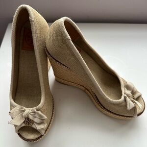 Tory Burch Tan Peep-Toe Wedges with Bow Detail